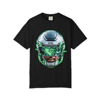 a black t - shirt with an image of a green helmet