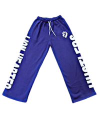 a pair of blue sweatpants with white writing on them